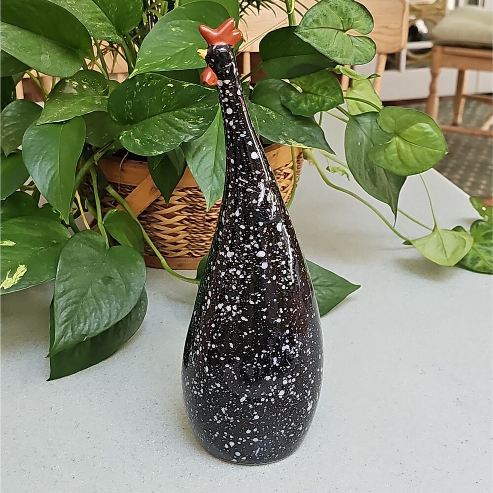 Whimsical Long Neck Ceramic Chicken Figure Black White Speckled 12 in Red Comb
